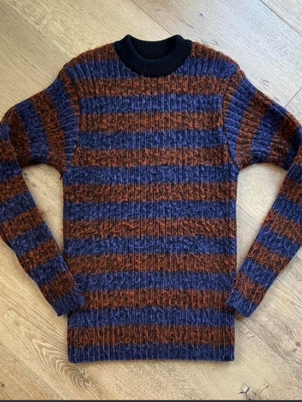 AGR Striped Crewneck Mohair Blend Sweater | Blue/Brown | Like New | Size XL